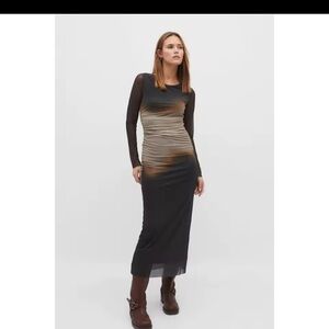 Pleated Mesh Maxi Dress with Fit Long Sleeve Crewneck Slit Thigh Bodycon Ruched